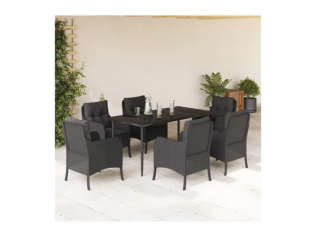 Ensemble à manger de jardin coussins 7 pièces Noir Résine tressée