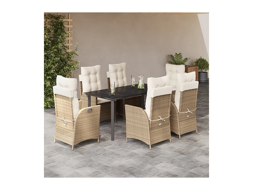 Ensemble à manger de jardin et coussins 7 pièces beige poly rotin