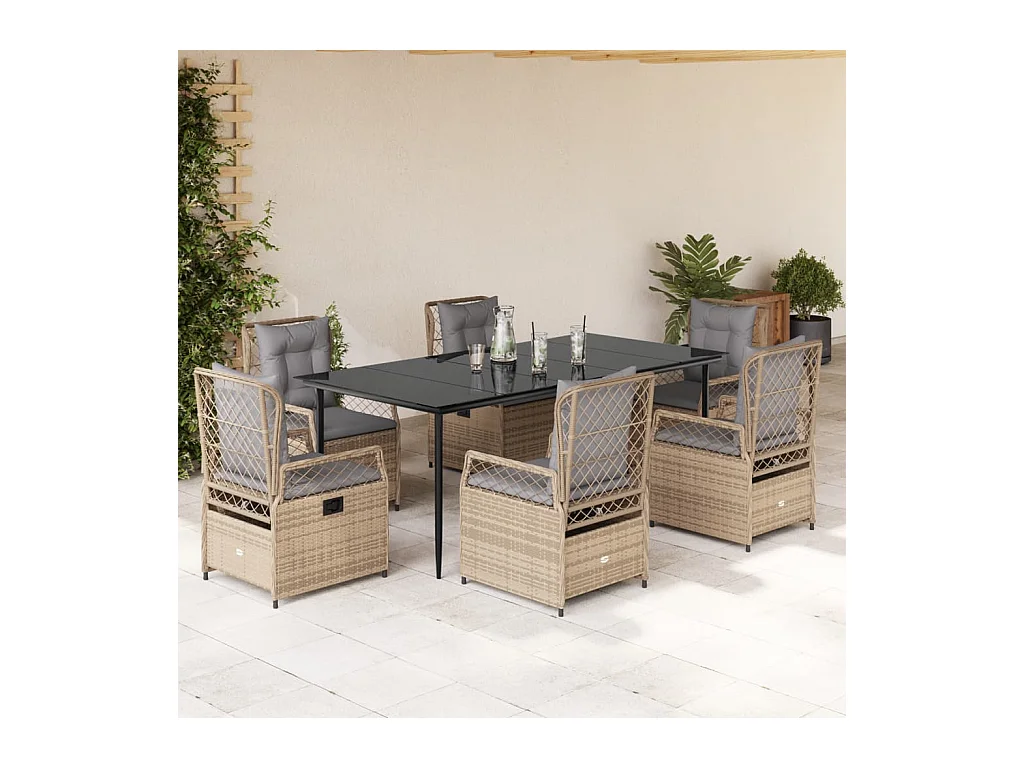 Set comedor de jardín 7 piezas con cojines ratán sintético beige