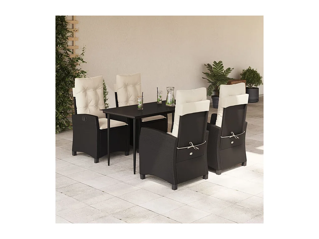 Ensemble à manger de jardin coussins 5 pièces Noir Résine tressée