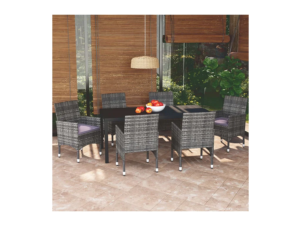Mobilier à dîner de jardin et coussins 7 pièces Résine tressée Gris