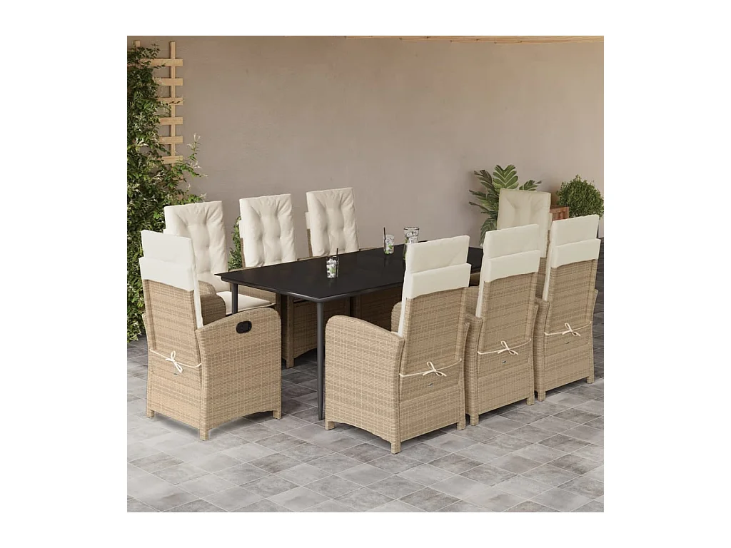 Ensemble à manger de jardin et coussins 9 pièces beige Poly rotin
