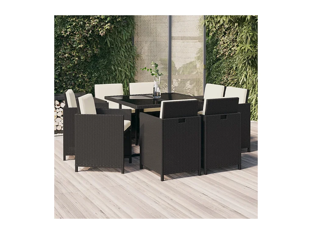 Mobilier à dîner de jardin et coussins 9 pièces Résine tressée Noir