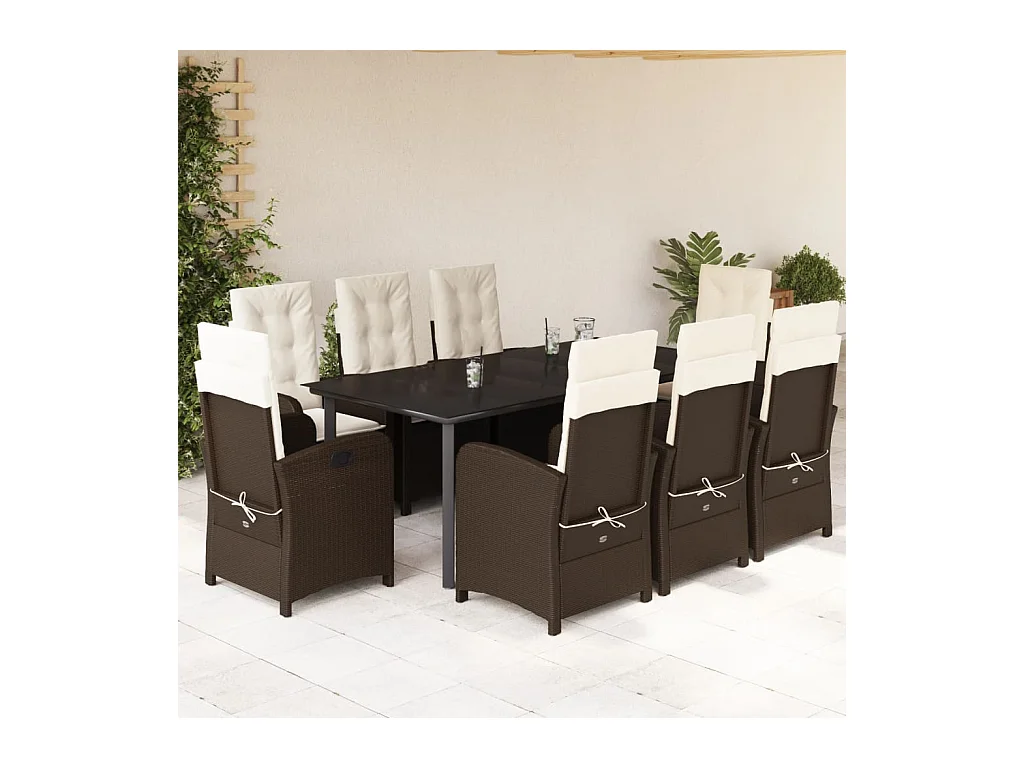 9 peças conjunto jantar p/ jardim c/ almofadões vime PE castanho