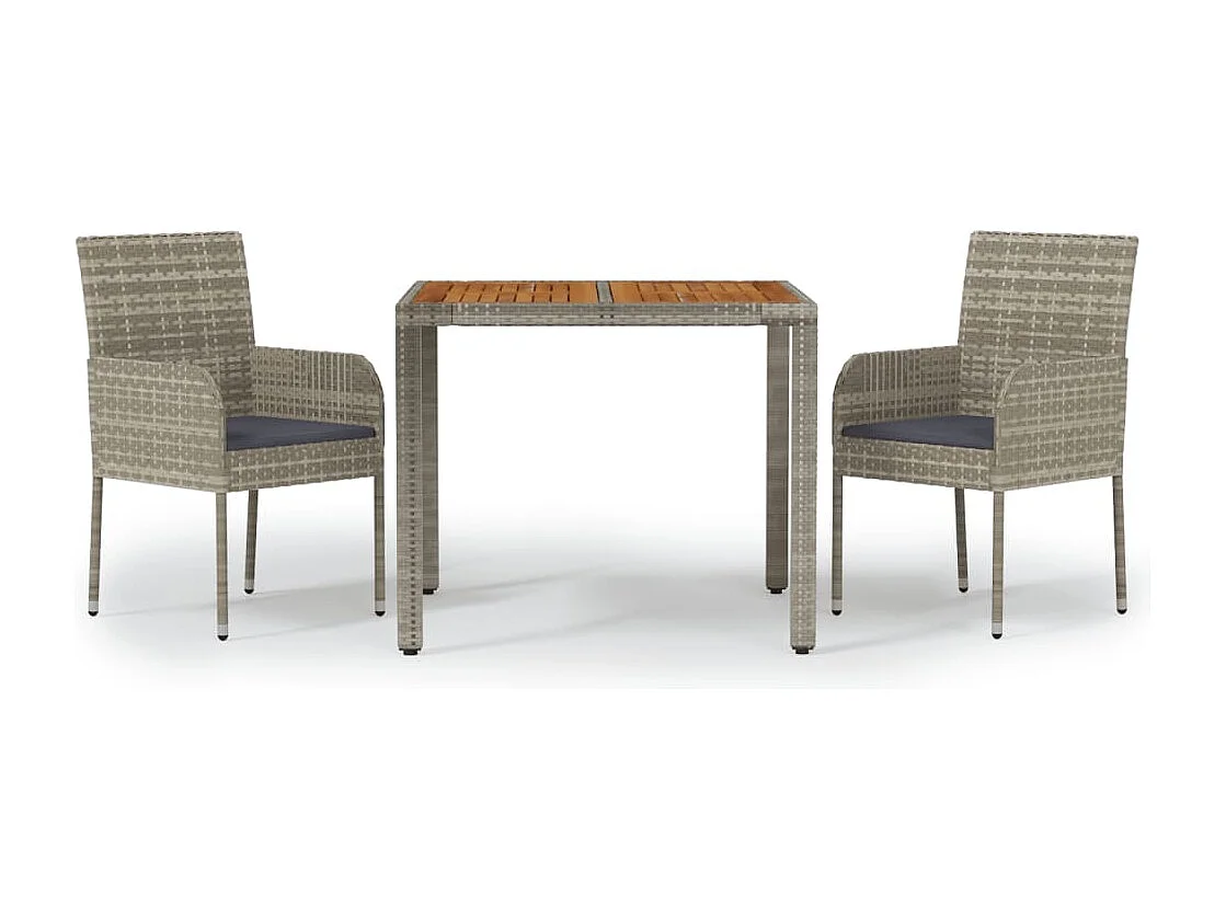 3 peças conjunto de jantar p/ jardim c/ almofadões vime PE cinza