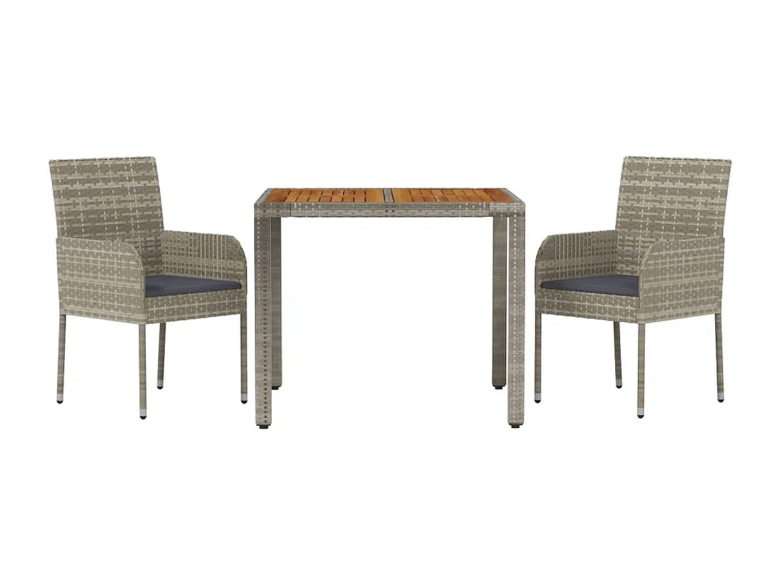 3 peças conjunto de jantar p/ jardim c/ almofadões vime PE cinza