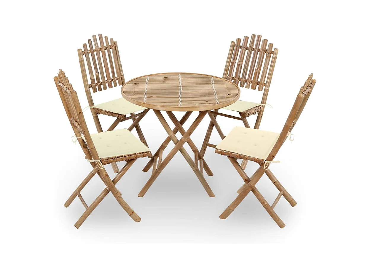 Mobilier à dîner d'extérieur pliable 5 pièces avec coussins Bambou