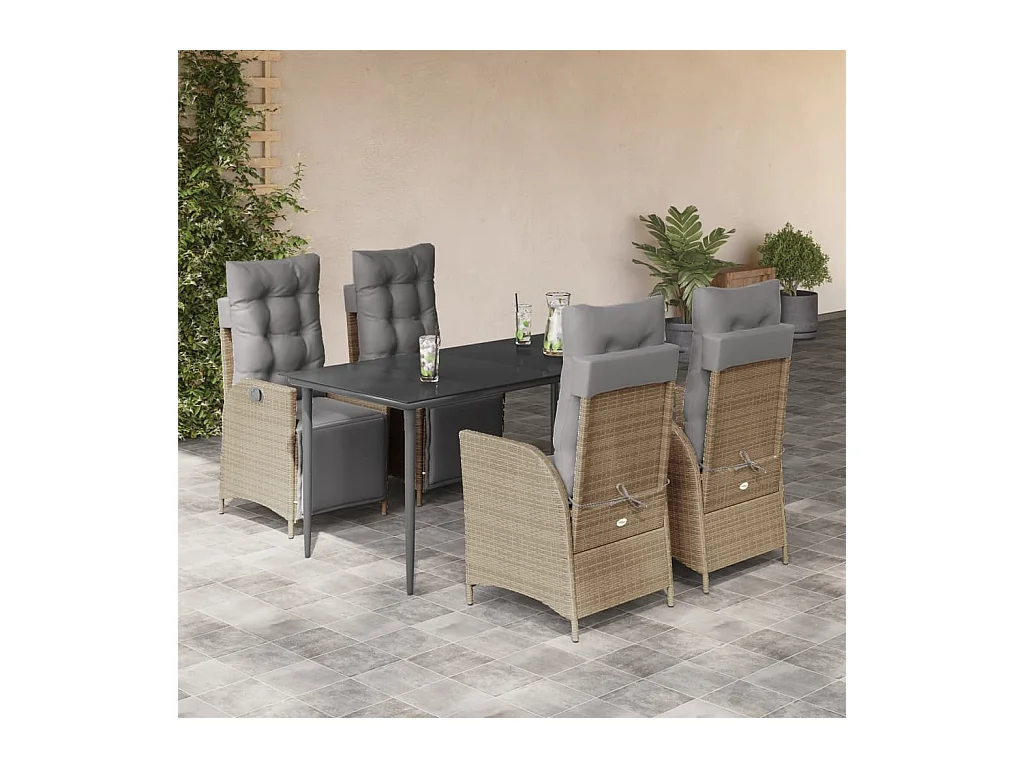 Ensemble à manger de jardin coussins 5 pièces mélange beige rotin
