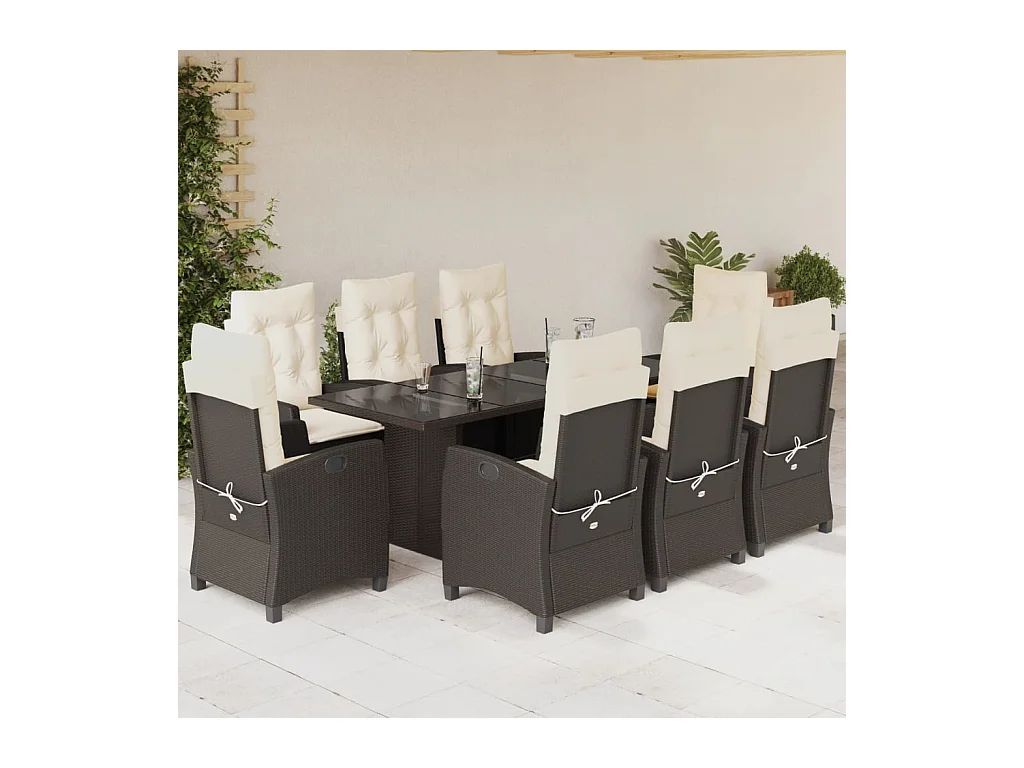 Ensemble à manger de jardin et coussins 9 pièces marron poly rotin