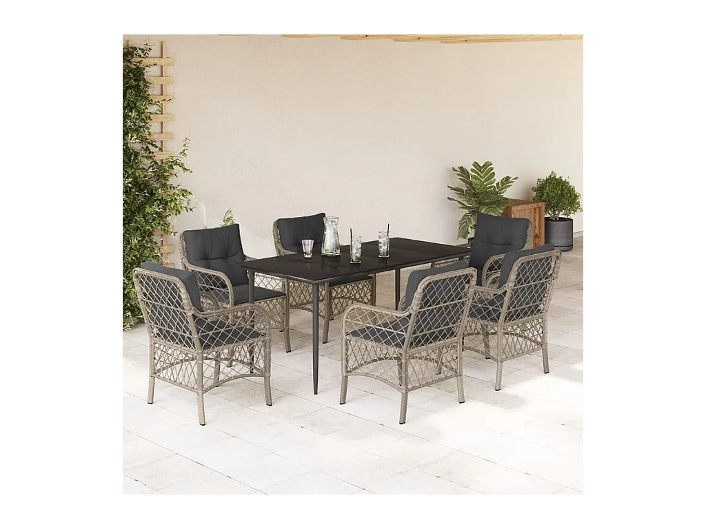 Set comedor jardín 7 piezas y cojines ratán sintético gris claro