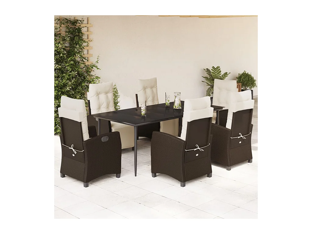 Ensemble à manger de jardin et coussins 7 pièces marron rotin
