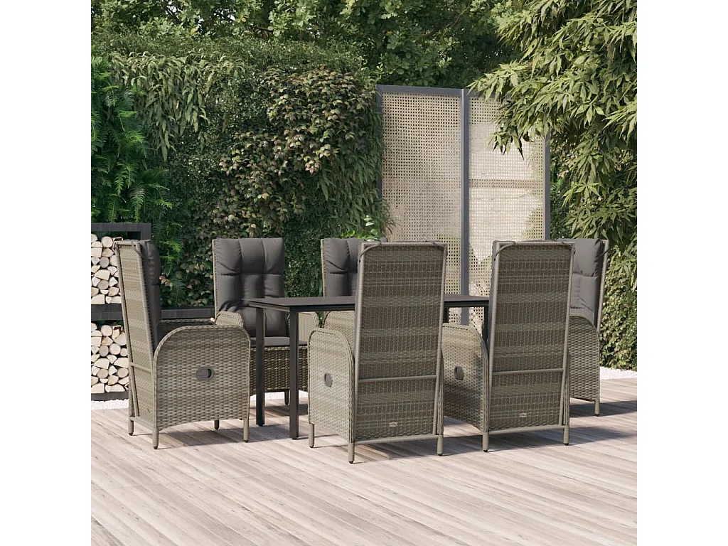 Mobilier à dîner de jardin et coussins 7 pièces Noir et gris Rotin