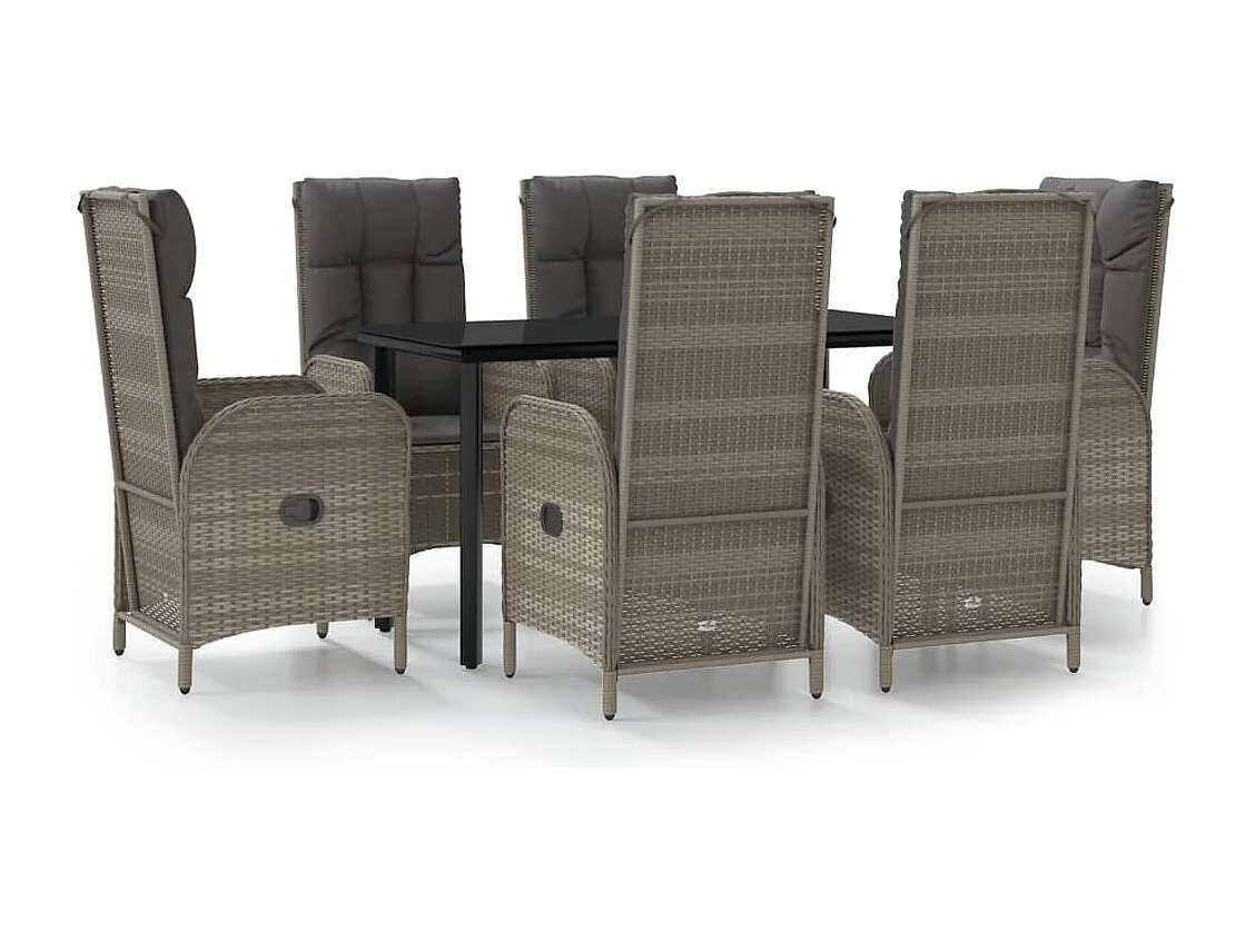 Mobilier à dîner de jardin et coussins 7 pièces Noir et gris Rotin