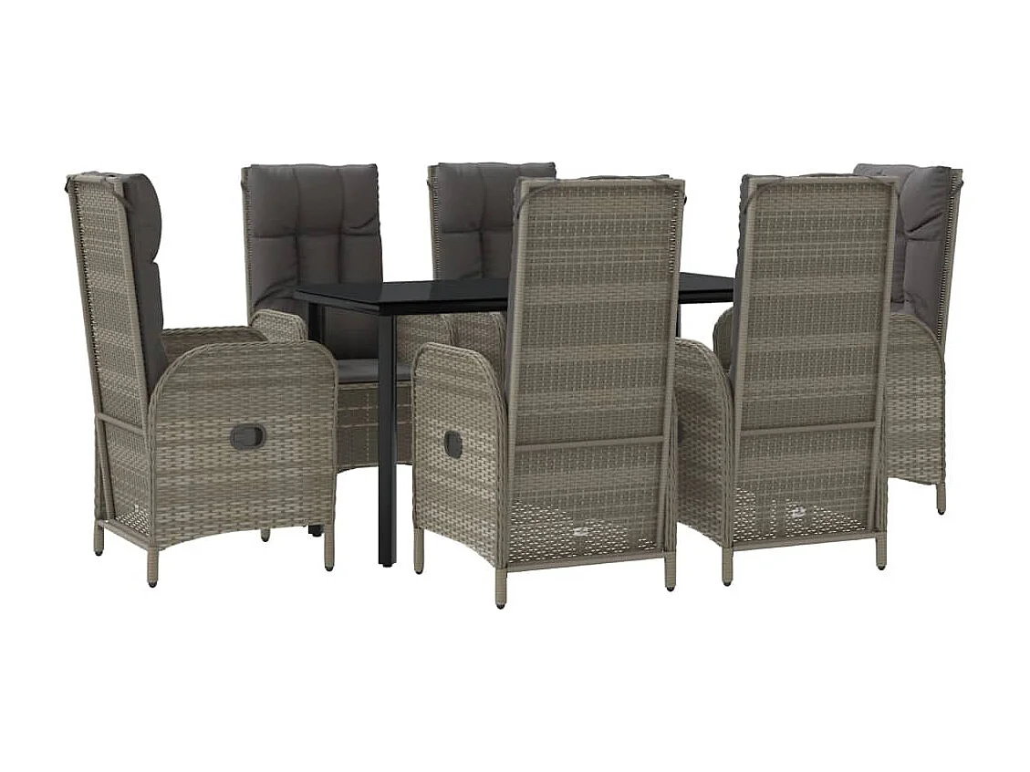 Mobilier à dîner de jardin et coussins 7 pièces Noir et gris Rotin