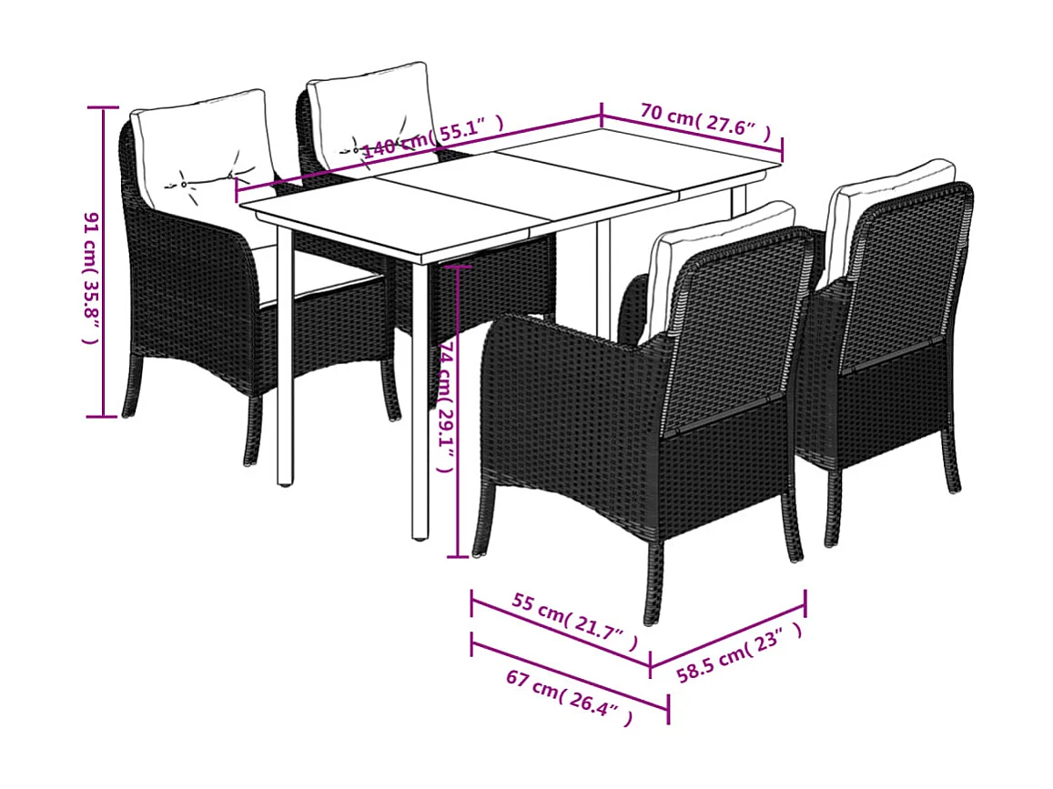 Ensemble à manger de jardin et coussins 5 pièces gris clair rotin