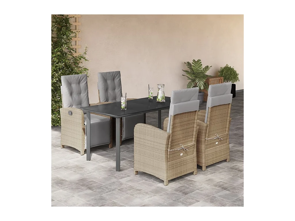 Ensemble à manger de jardin avec coussins 5 pièces Beige poly rotin