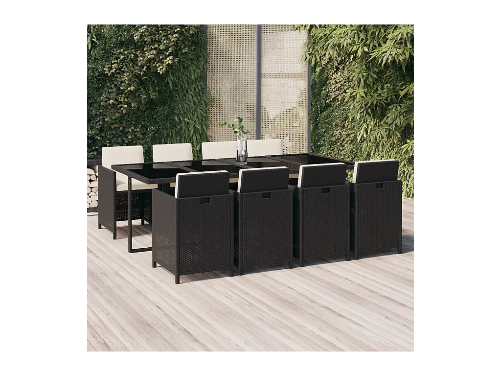 Ensemble à dîner de jardin coussins 9 pièces Résine tressée Noir