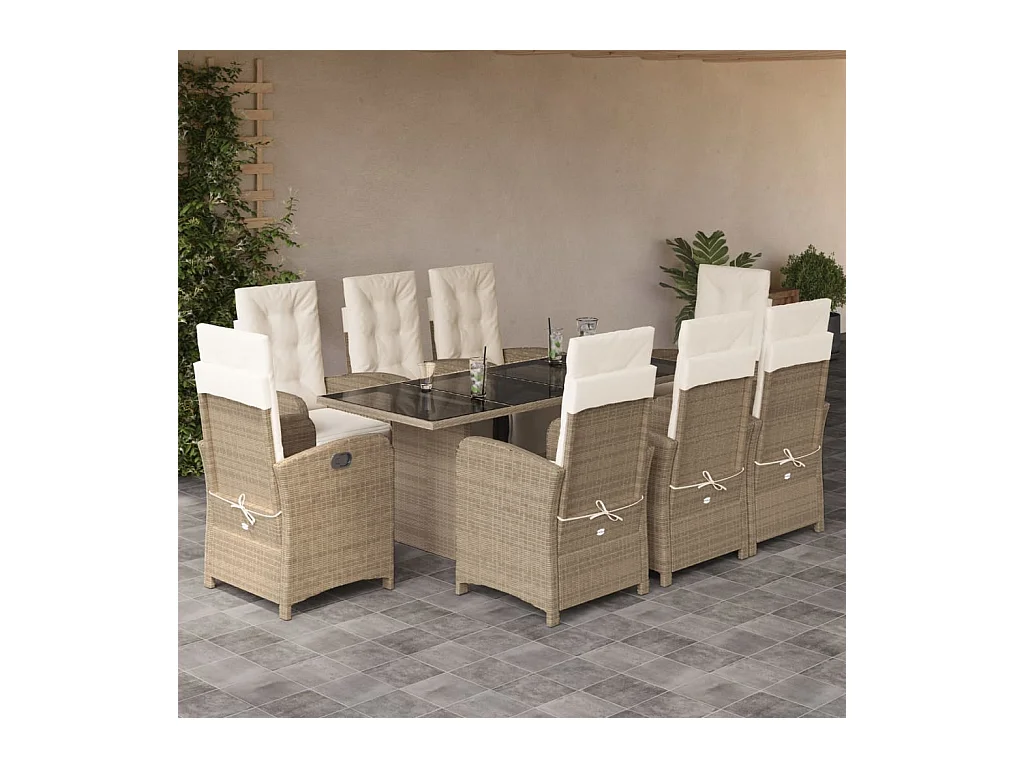 Ensemble à manger de jardin et coussins 9 pièces beige Poly rotin