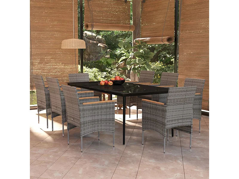 Juego de comedor para jardín 9 piezas con cojines gris y negro