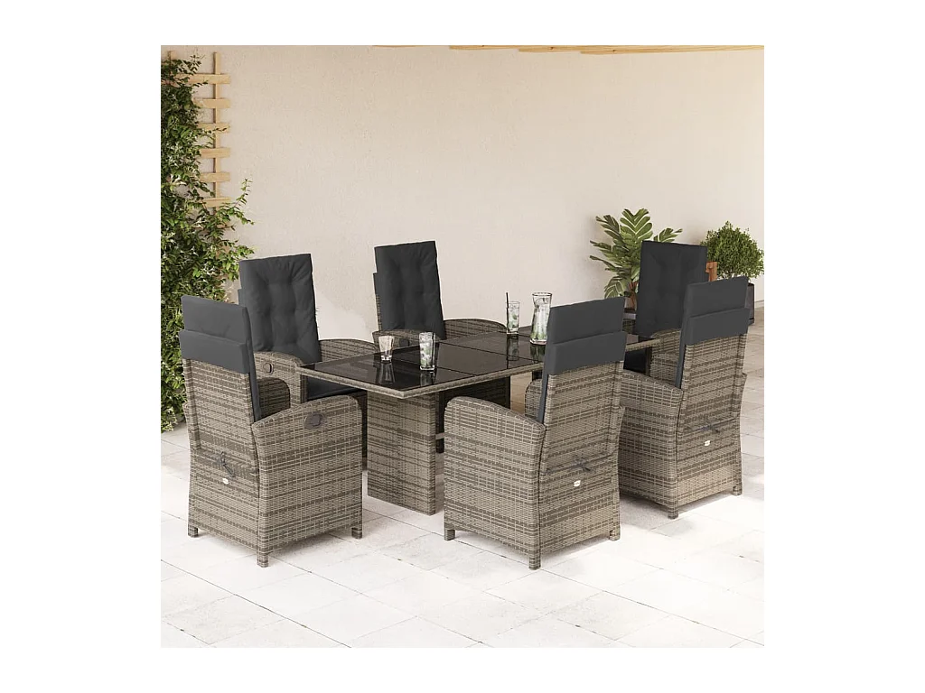 7 peças conjunto de jantar p/ jardim c/ almofadões vime PE cinza