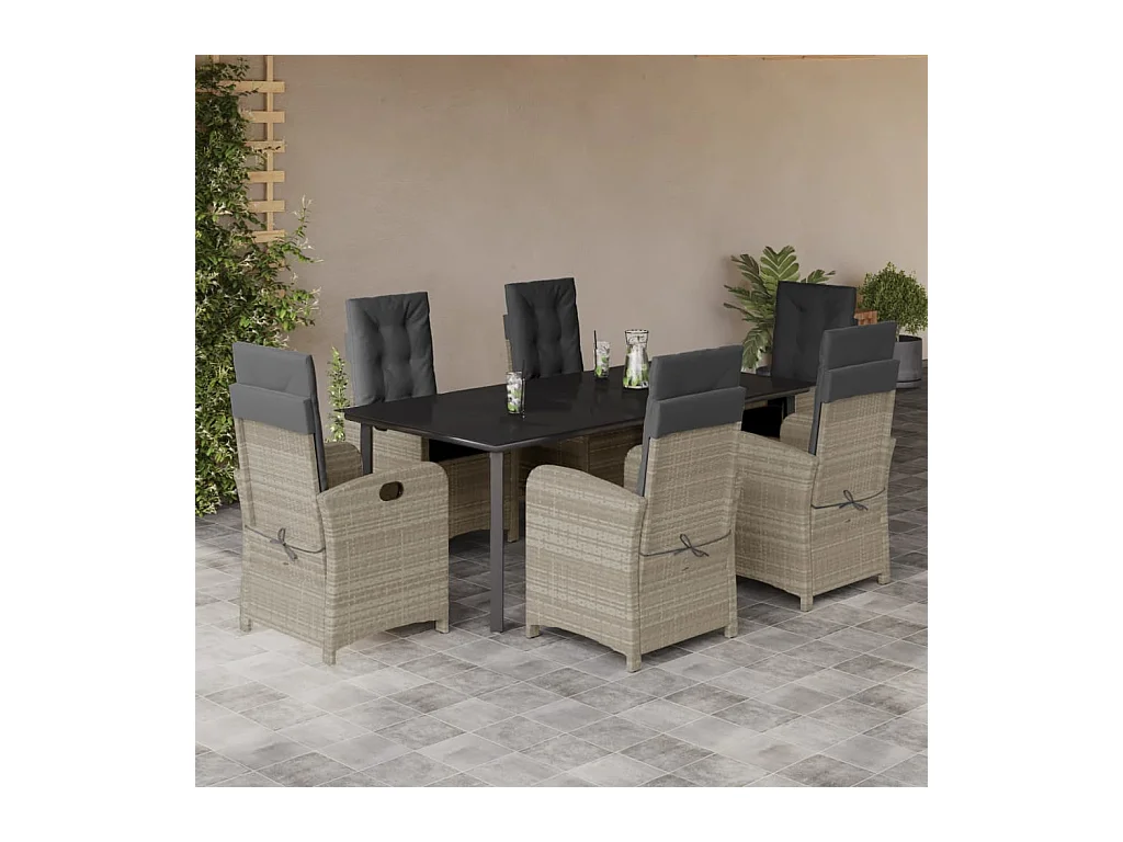 Ensemble à manger de jardin et coussins 7 pièces gris clair rotin