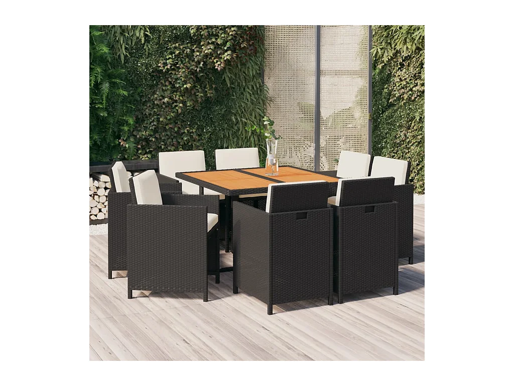 Mobilier à dîner de jardin et coussins 9 pièces Résine tressée Noir