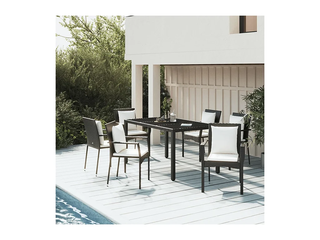 Ensemble à dîner de jardin et coussins 7 pièces Noir Résine tressée