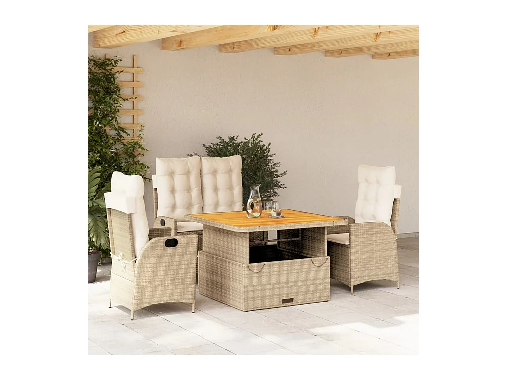 Ensemble à manger de jardin coussins 4 pièces beige résine tressée