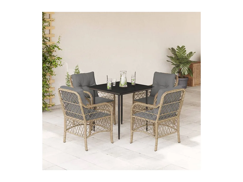 Ensemble à manger de jardin coussins 5 pièces mélange beige rotin