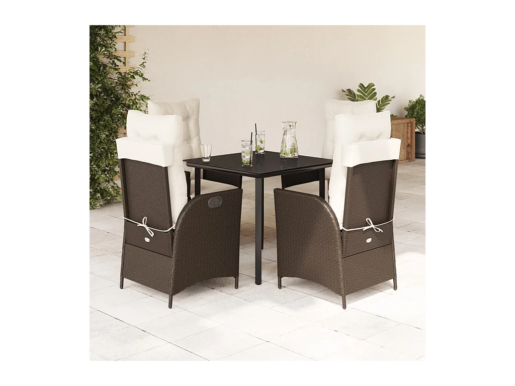 Ensemble à manger de jardin 5 pièces et coussins marron poly rotin