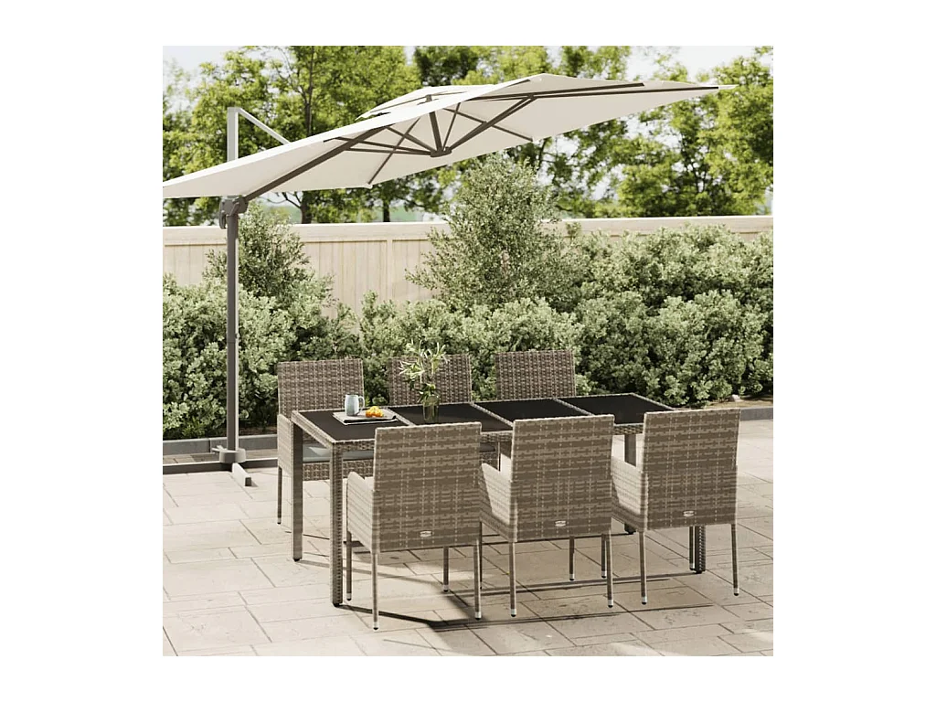 Mobilier à dîner de jardin et coussins 7 pièces gris rotin