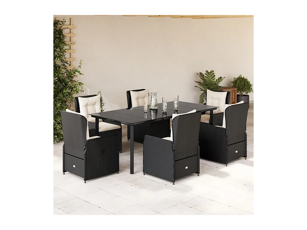 Ensemble à manger de jardin coussins 7 pièces Noir Résine tressée