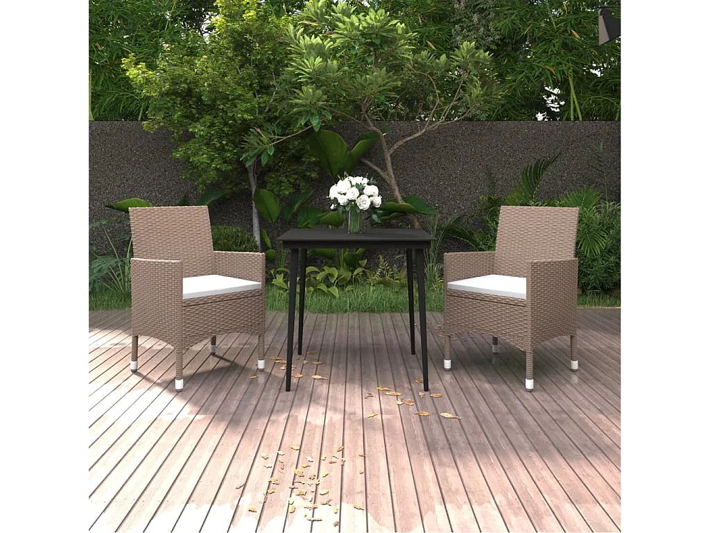 3 peças conjunto de jantar p/ jardim c/almofadões vime PE e vidro