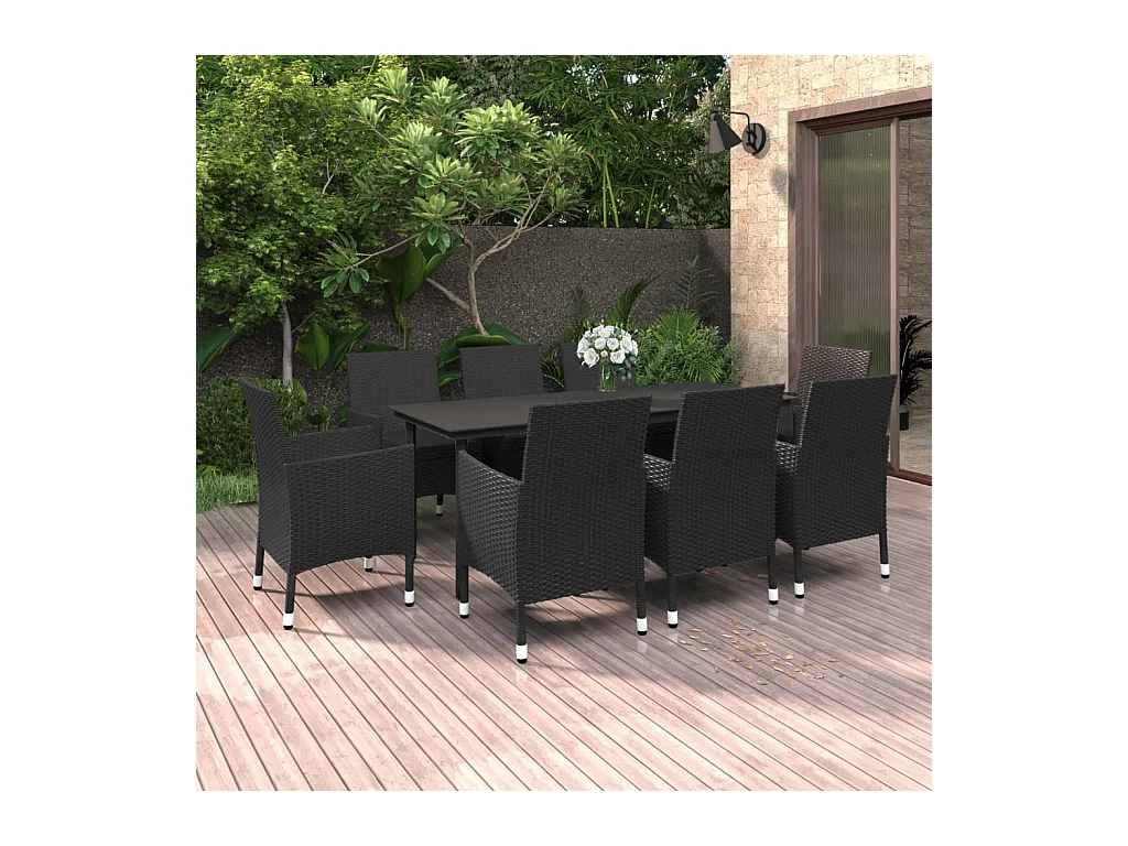 Ensemble à dîner de jardin coussins 9 pièces Résine tressée Verre