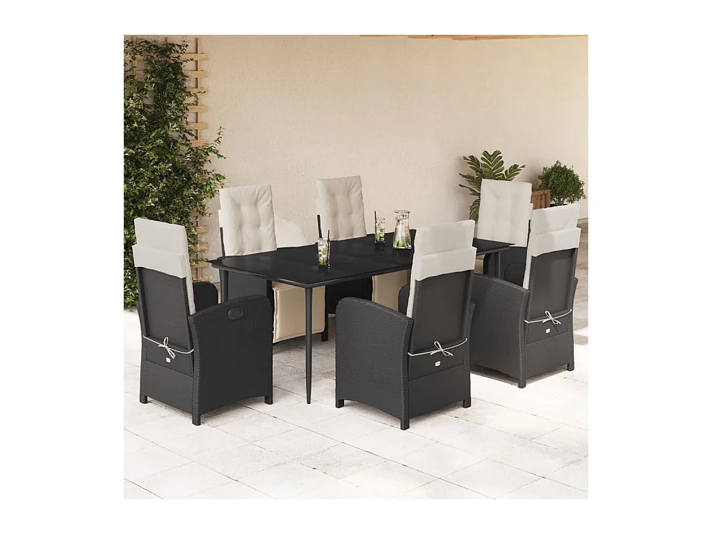 Ensemble à manger de jardin coussins 7 pièces Noir Résine tressée