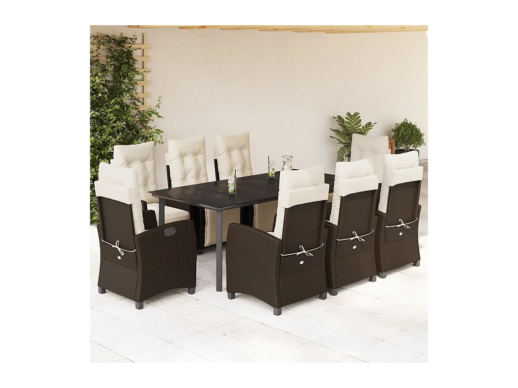 Ensemble à manger de jardin et coussins 9 pièces marron poly rotin