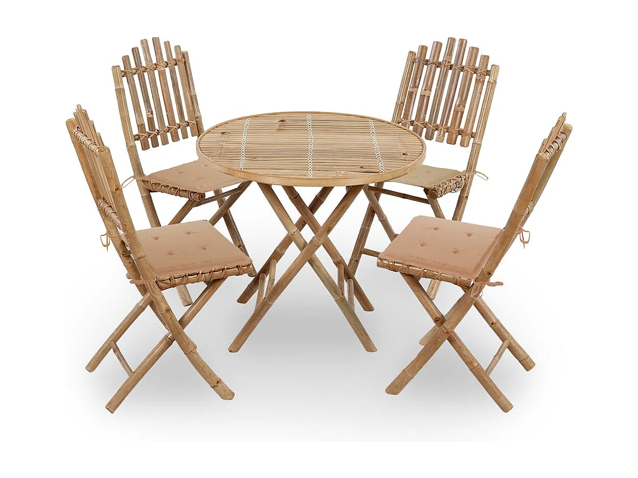 5 peças conj. de jantar dobrável c/ almofadões p/ exterior bambu