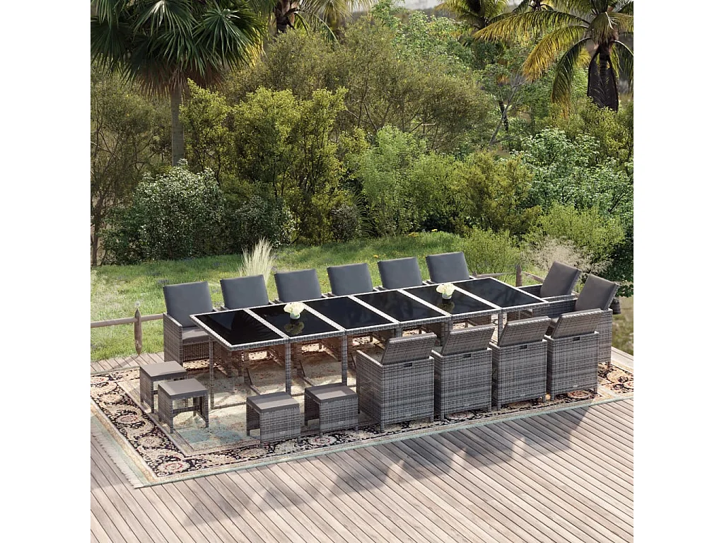 19 peças conjunto jantar p/ jardim c/ almofadões vime PE cinzento