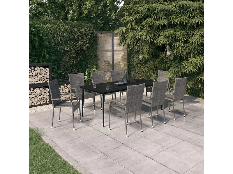 Juego de comedor para jardín 9 piezas gris y negro
