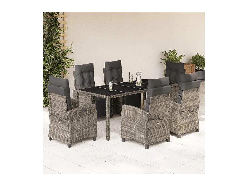 Ensemble à manger de jardin et coussins 7 pièces gris rotin