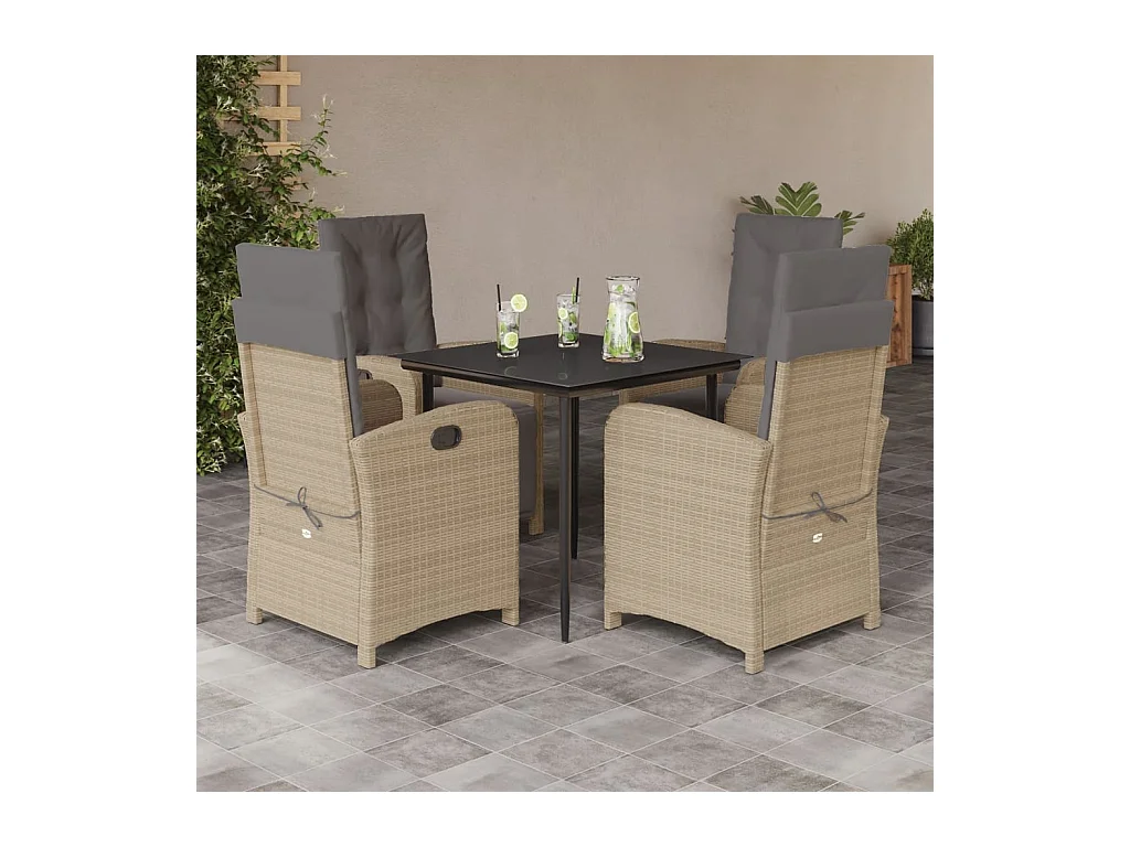 Ensemble à manger de jardin avec coussins 5 pièces Beige poly rotin