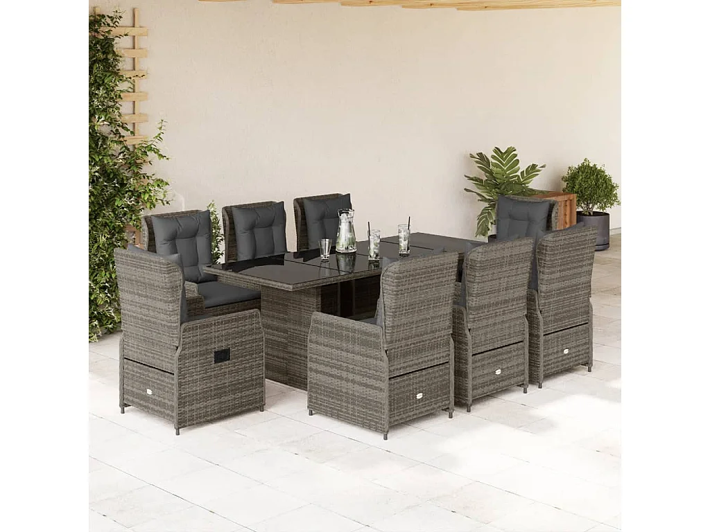 9 peças conjunto de jantar p/ jardim c/ almofadões vime PE cinza