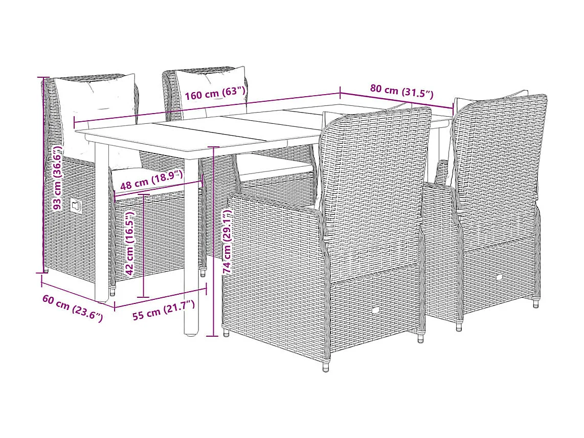 Ensemble à manger de jardin 5 pièces coussins gris résine tressée