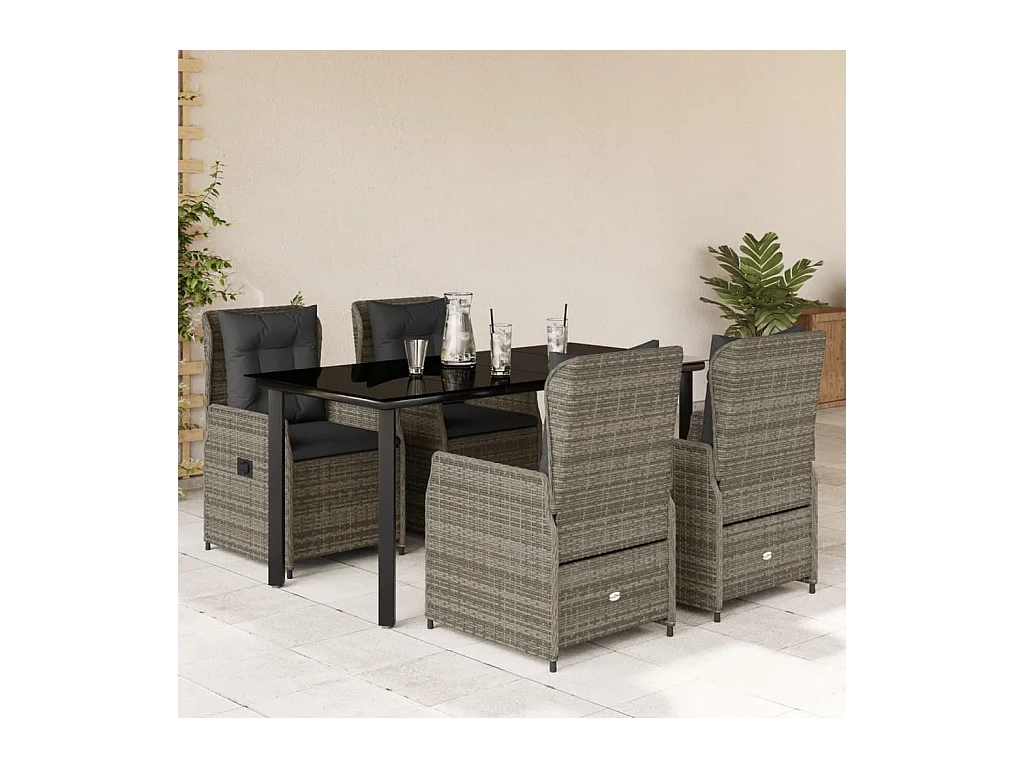 5 peças conjunto de jantar p/ jardim c/ almofadões vime PE cinza