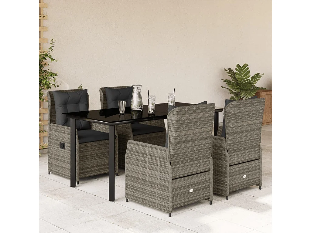 Ensemble à manger de jardin 5 pièces coussins gris résine tressée