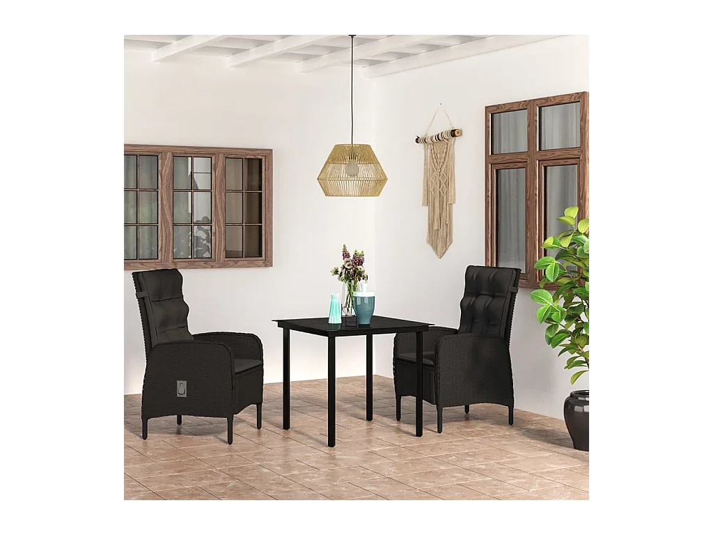 Mobilier de salle à manger de jardin avec coussins 3 pièces Noir