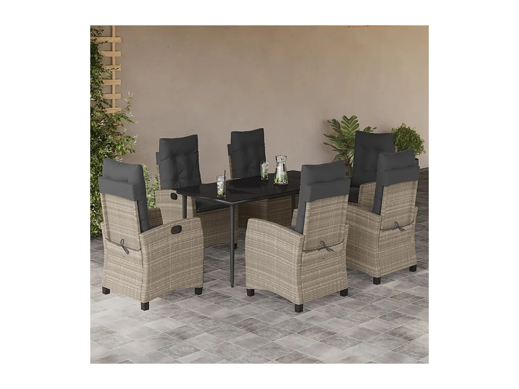 Ensemble à manger de jardin et coussins 7 pièces gris clair rotin