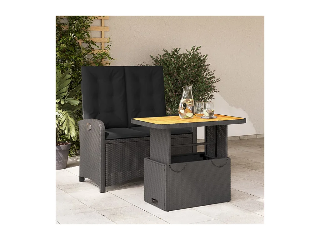Set comedor de jardín 2 piezas con cojines ratán sintético negro