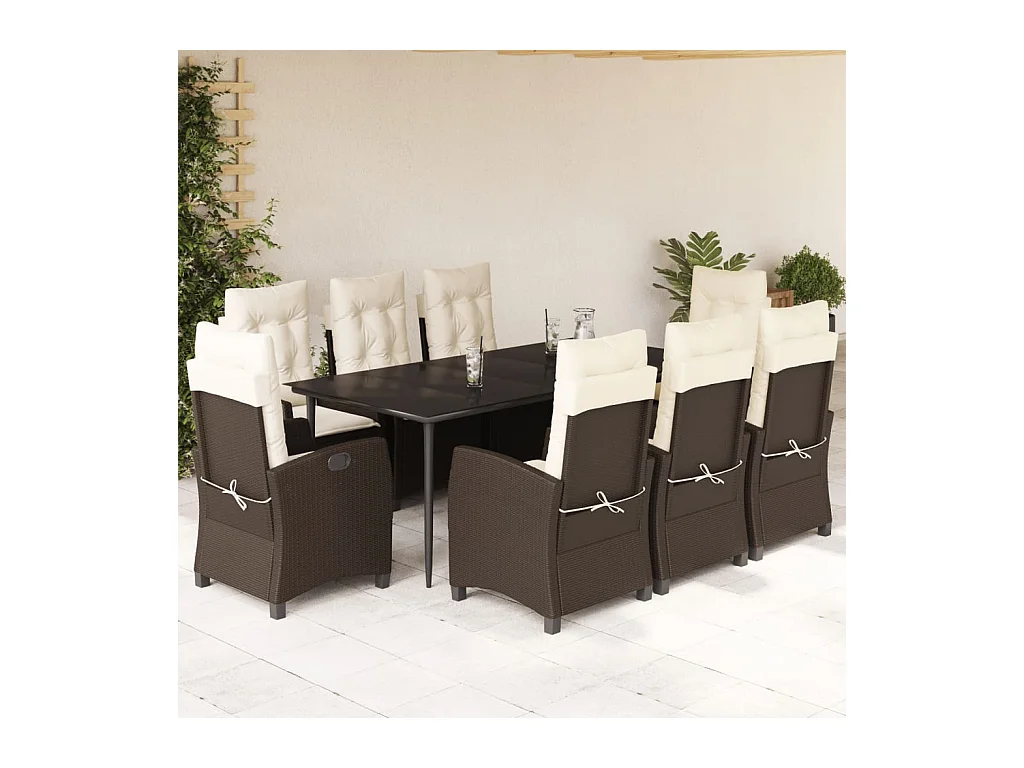 Ensemble à manger de jardin et coussins 9 pièces marron poly rotin