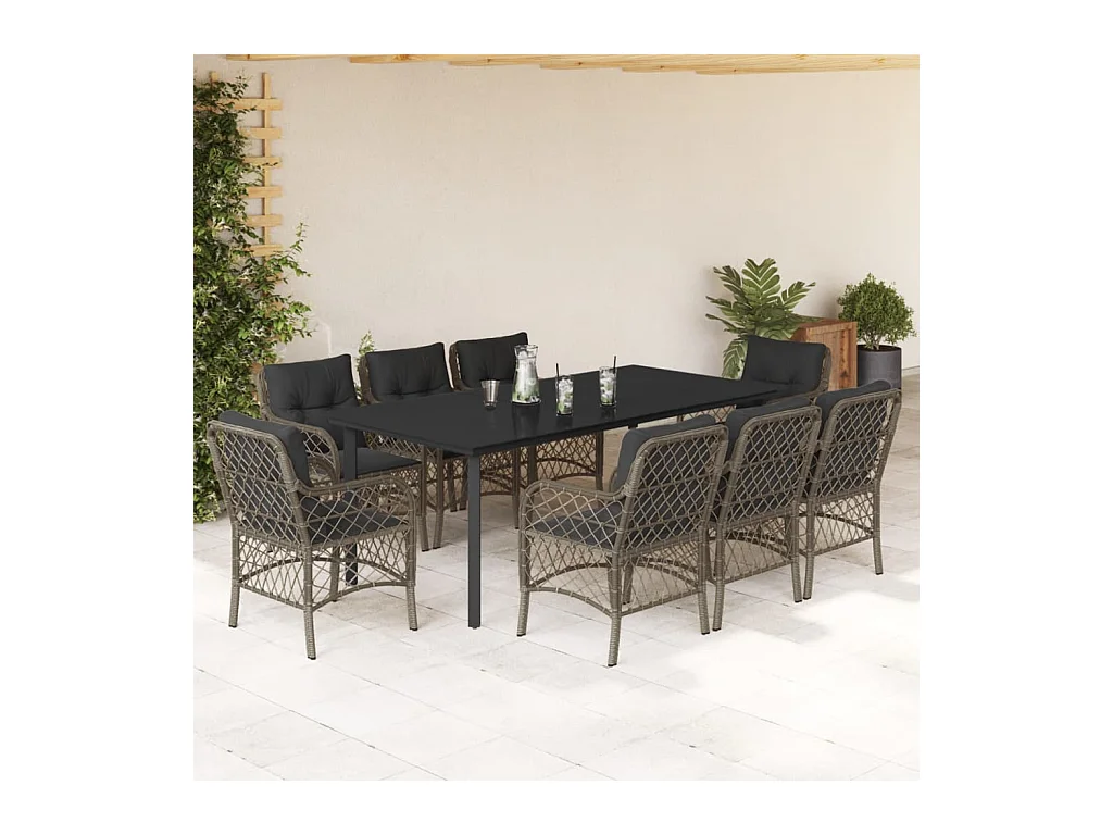 9-delige Tuinset met kussens poly rattan grijs